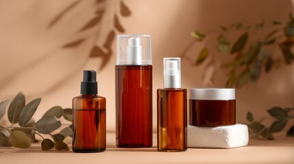 Amber cosmetic bottles with leaves modern advertising product photography design concept skincare elegant minimal clean aesthetic professional natural organic wellness