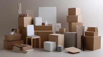 Fototapeta premium Cardboard boxes warehouse packaging scene modern advertising product photography design concept logistics elegant minimal clean aesthetic professional structured organized balanced