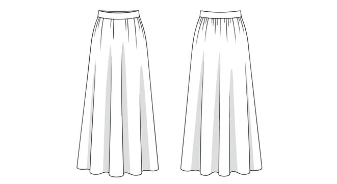 Technical drawing showcasing the front and back design of a pleated A-line maxi skirt for fashion design reference material
