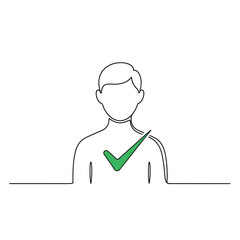 A person with a checkmark on their chest in a continuous line drawing isolated on white background this symbolizes approval, acceptance, or a positive attribute