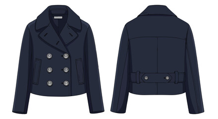 Illustrated navy pea coat showcases classic design with double-breasted closure and anchor-detailed buttons