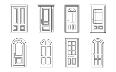Collection of vintage and classical architectural door designs and styles isolated on transparent background