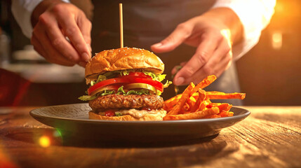 Gourmet Vegan Burger Perfection Chef's Hands Plating a Vibrant Plant-Based Meal with Sweet Potato Fries in Rustic Kitchen