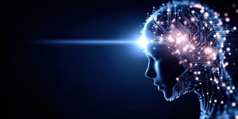 futuristic human mind glowing with intelligence and advice circuits, symbolizing learning, support, and future marketing help