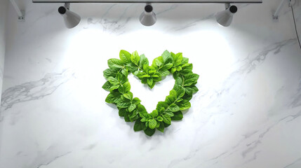 Fresh Green Heart Flat-Lay Vibrant Leafy Greens in Perfect Heart Shape on White Marble, Healthy Eating, Vegan, Organic Food Concept