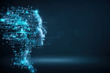 human head illuminated by digital brain circuits symbolizing advice, intelligence, learning, and support for future marketing