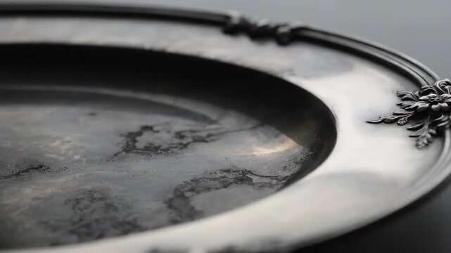 Close up shot of empty decorative silver metal platter surface