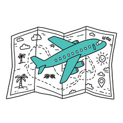 Airplane flying over a world map with travel icons.