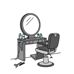 Barber chair and vanity with mirror and scissors.
