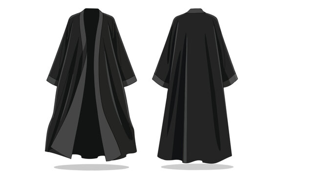 Detailed vector illustration presenting a modern black abaya design from both the front and back perspectives on a white background