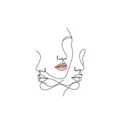 Three faces drawn in a continuous line, overlapping each other, with pink lips, isolated on white background minimalist and modern art illustration
