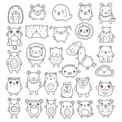 Collection of Cute Hand-Drawn Kawaii Animals.