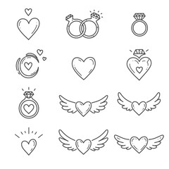 Collection of Hand-Drawn Heart and Ring Icons for Romantic Themes.