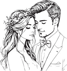 Romantic couple vector illustration with floral crown and suit in intimate wedding or love theme