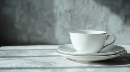 Fototapeta premium White cup and saucer gray table modern advertising product photography design concept beverage elegant minimal clean aesthetic professional lifestyle coffee calm