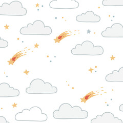 Cute Cartoon Clouds and Shooting Stars Seamless Pattern.