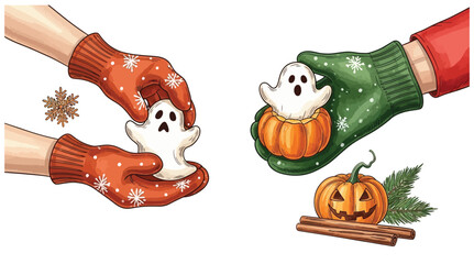 happy halloween illustration. Santa Claus's hand and Halloween costume hand share a Halloween dish