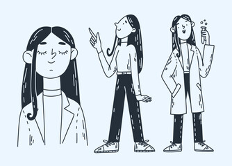 Young woman scientist in white robe with test tube. Vector illustration in line style. 