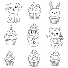 Cute Kawaii Animals and Cupcakes Coloring Page.