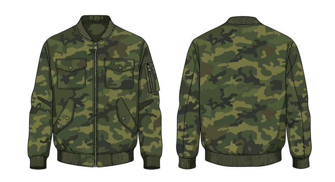 Detailed camo bomber jacket illustration showcasing front and back views, capturing military-inspired fashion in a clean and modern design style