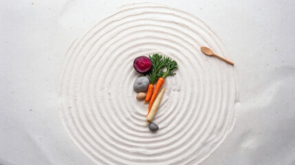 Zen Garden Still Life with Root Vegetables A Meditative Composition of Beets, Carrots, and Parsnips on Raked Sand