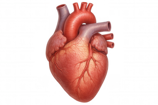 Human heart anatomical model with blood vessels, ventricle, atrium for medical study on transparent background