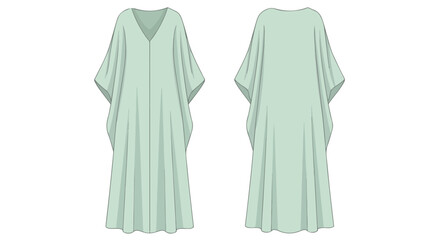 Technical flat sketch of a light green kaftan dress showing front and back views for fashion design illustration