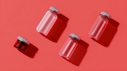Obraz premium Red medicine bottles on pink background modern advertising product photography design concept healthcare elegant minimal clean aesthetic professional pharmaceutical wellness