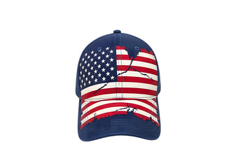 A blue baseball cap with a distressed american flag design isolated on transparent background.
