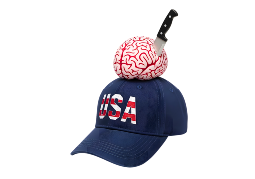 A fake brain with a knife stuck in it sits on a usa baseball cap, isolated on transparent background.