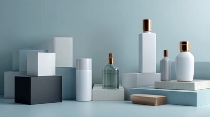 Blue geometric arrangement with bottles modern advertising product photography design concept beauty elegant minimal clean aesthetic professional wellness packaging composition