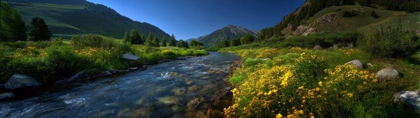 Obraz premium Nature's vibrant hdr panorama of a serene river in lush green landscape