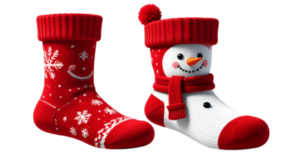 Red Christmas Socks with Snowman Duo, isolated on transparent background PNG