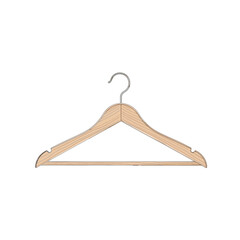 Illustration of a wooden clothes hanger with a metal hook, isolated on white background, showcasing its simple design and functionality for garment storage