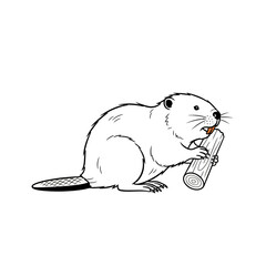 An endearing illustration of a beaver gnawing on a log, isolated on white background, rendered in a simple line art style with subtle shading