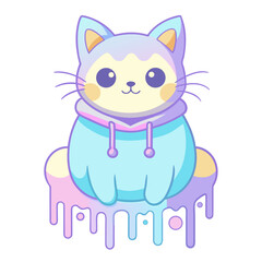 Pastel Cartoon Cat in Hoodie with Dripping Paint Effect
