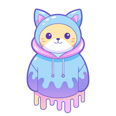 Pastel Cartoon Cat in Gradient Hoodie with Dripping Paint Effect