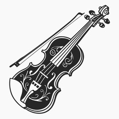 Obraz premium Elegant black and white illustration of a violin with a bow and decorative floral scrollwork on a plain background vector illustration of a violin