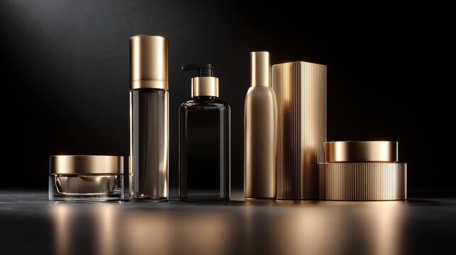 Gold and black cosmetic bottles modern advertising product photography design concept luxury elegant minimal clean aesthetic professional beauty composition sophistication