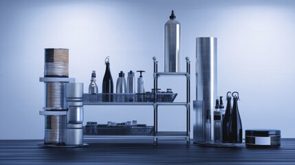 Obraz premium Industrial shelf with metal bottles modern advertising product photography design concept luxury elegant minimal clean aesthetic professional composition structure metallic design