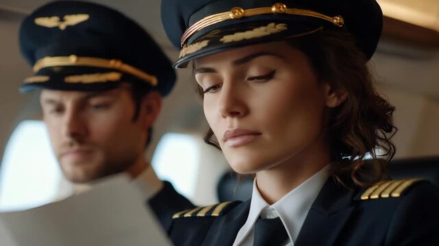 Airline crew reviewing pre-flight safety protocol with focus and discipline, symbolizing passenger protection, aviation standards, and strict adherence to international regulations. cinematic color