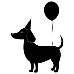 Silhouette dog with party hat and balloon on transparent background