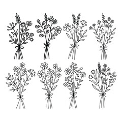 Wildflower Bouquet Line Art, Minimal Botanical Flower Bundle Vector Illustration
