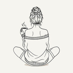 Cozy Girl with Coffee Vector, Relaxed Woman Sitting in Sweater Line Art Illustration