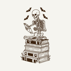 Skeleton Reading Books Vector, Vintage Halloween Illustration with Bats and Stack of Books