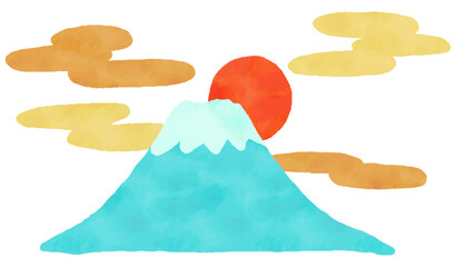 太陽と雲と富士山の水彩風手描きイラスト