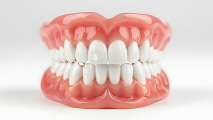 Obraz premium A complete set of upper and lower dentures, in excellent condition, neatly arranged against a smooth, clean background. 