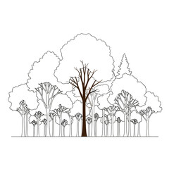 A serene line art illustration isolated on white background of a forest with trees, capturing the essence of nature and the beauty of the woodland