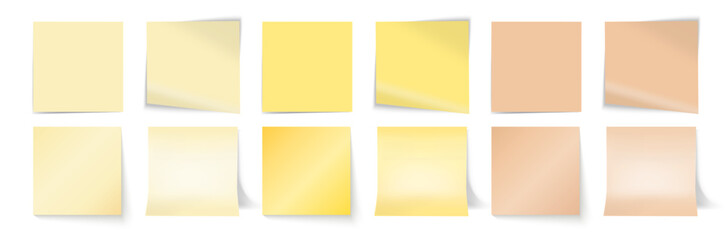 Realistic paper notes collection. Torn notebook pages and blank memo sheets with shadow and curled corners. Vector stationery set on transparent background