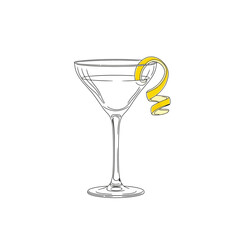 Illustration of a clear cocktail glass with a lemon twist garnish, isolated on white background, showcasing a classic and elegant drink presentation for bars